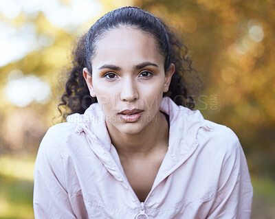 Buy stock photo Portrait, woman and rest in park for fitness, cardio and exercise in forest for wellness. Face, nature and hobby for competition or marathon training for female person, workout and sports in woods