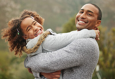 Buy stock photo Father, girl and hug or portrait in outdoor, relax together and affection for child or love in nature. Daddy, daughter and embrace for security in relationship, family and bonding for support in yard