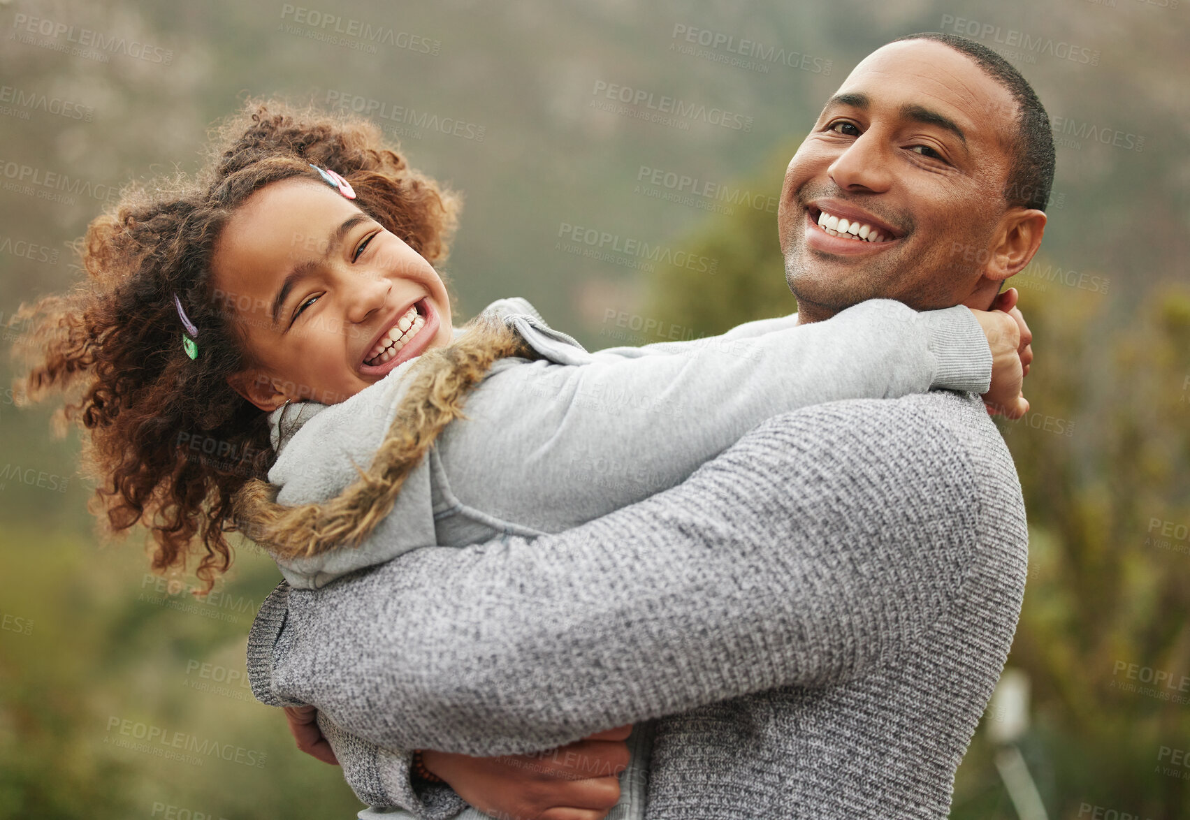 Buy stock photo Father, girl and hug or portrait in outdoor, relax together and affection for child or love in nature. Daddy, daughter and embrace for security in relationship, family and bonding for support in yard