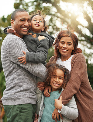 Buy stock photo Parents, children and hug or portrait in outdoor, relax together and affection for love in nature. Family, kids and embrace for security in relationship, happiness and bonding for support in backyard