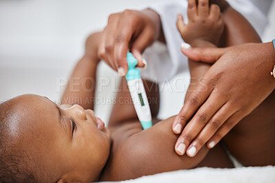 Buy stock photo Doctor, hands and thermometer for baby fever in clinic, sick and cold or monitor temperature for healthcare. Pediatrician, child and tool to check for symptoms or consulting, girl and infant for test