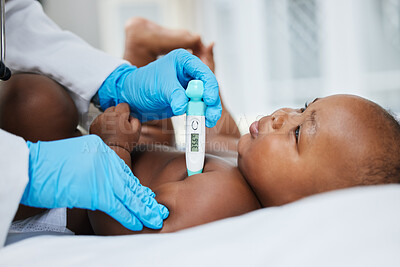 Buy stock photo Doctor, hands and thermometer for black baby in clinic, sick and cold or monitor temperature for healthcare. Pediatrician, child and tool to check for symptoms or consulting, girl and infant for test