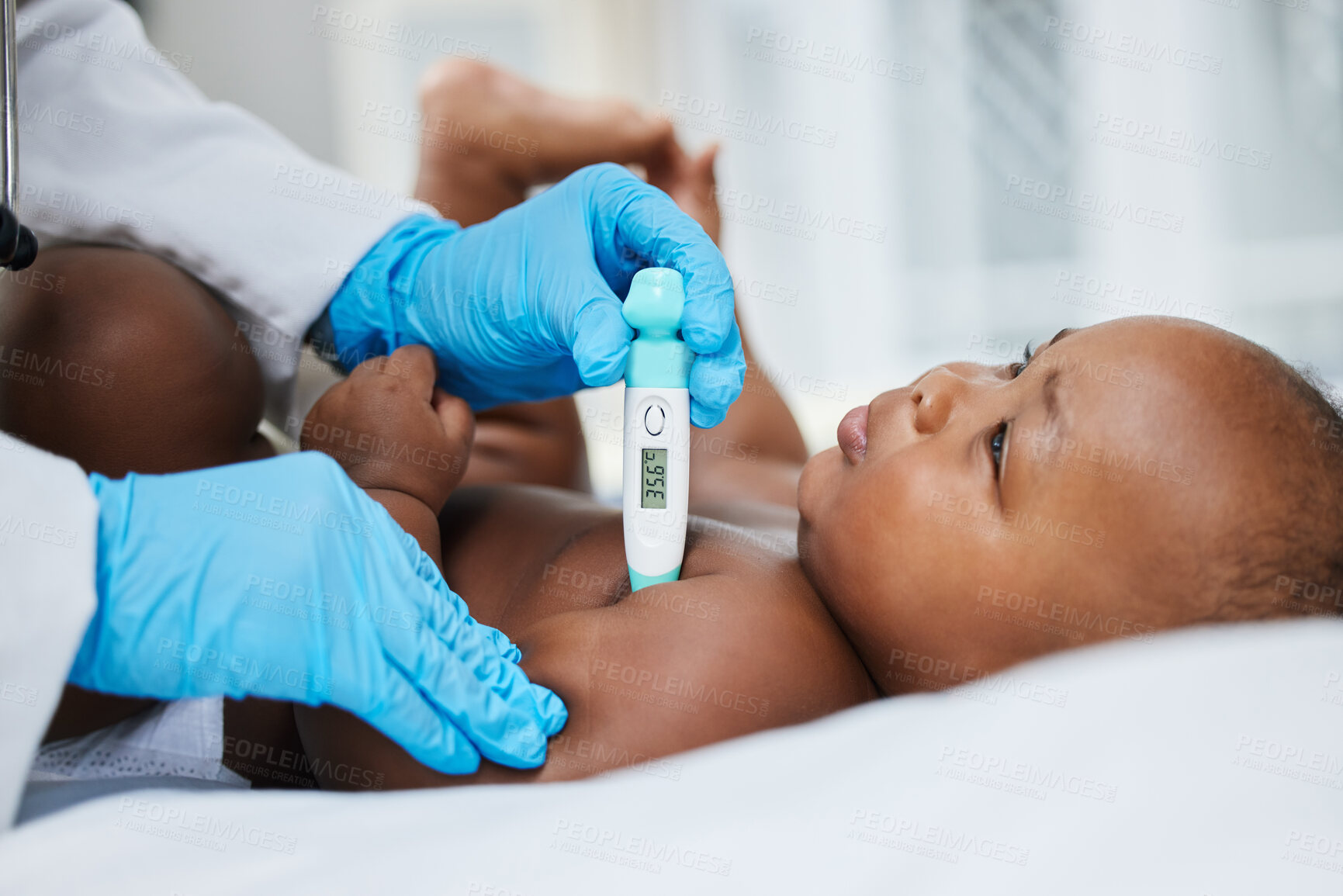 Buy stock photo Doctor, hands and thermometer for black baby in clinic, sick and cold or monitor temperature for healthcare. Pediatrician, child and tool to check for symptoms or consulting, girl and infant for test