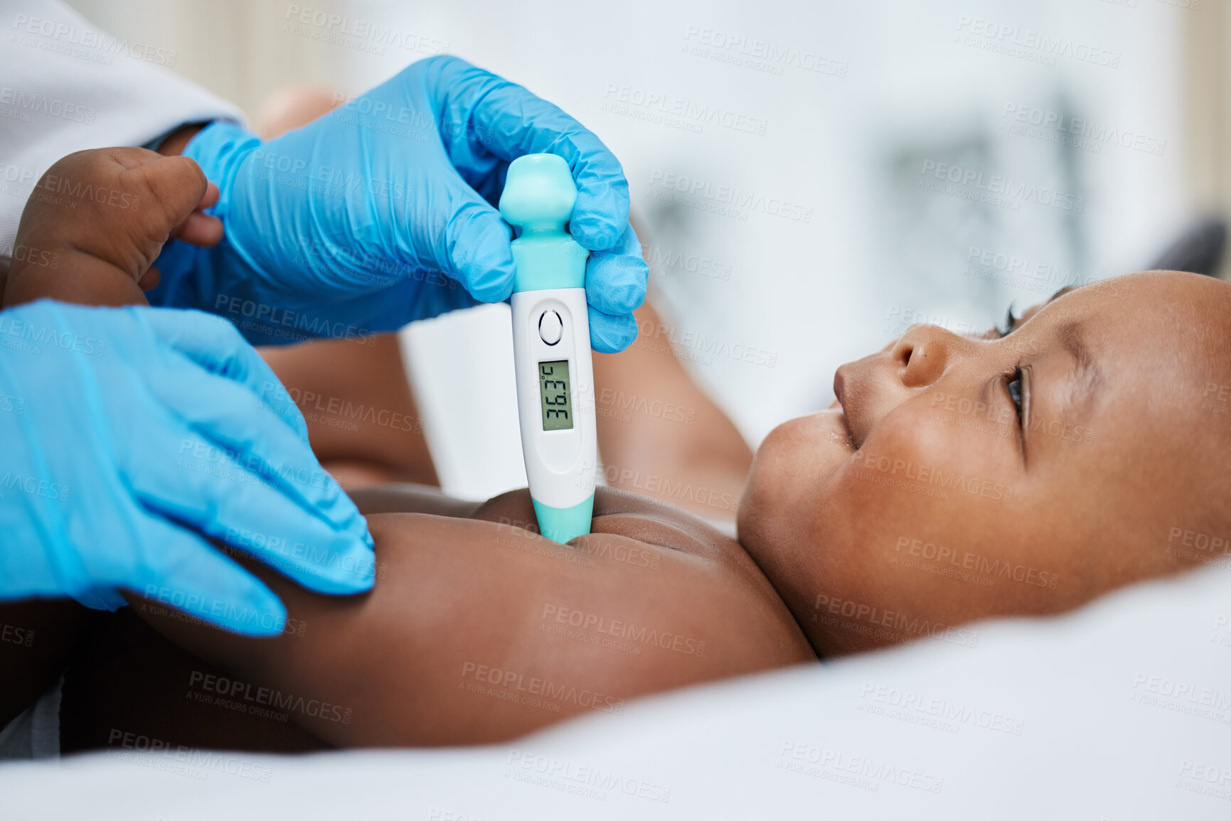 Buy stock photo Doctor, fever and thermometer for black baby in clinic, sick and cold or monitor temperature for healthcare. Pediatrician, child and tool to check for symptoms or consulting, girl and infant for test