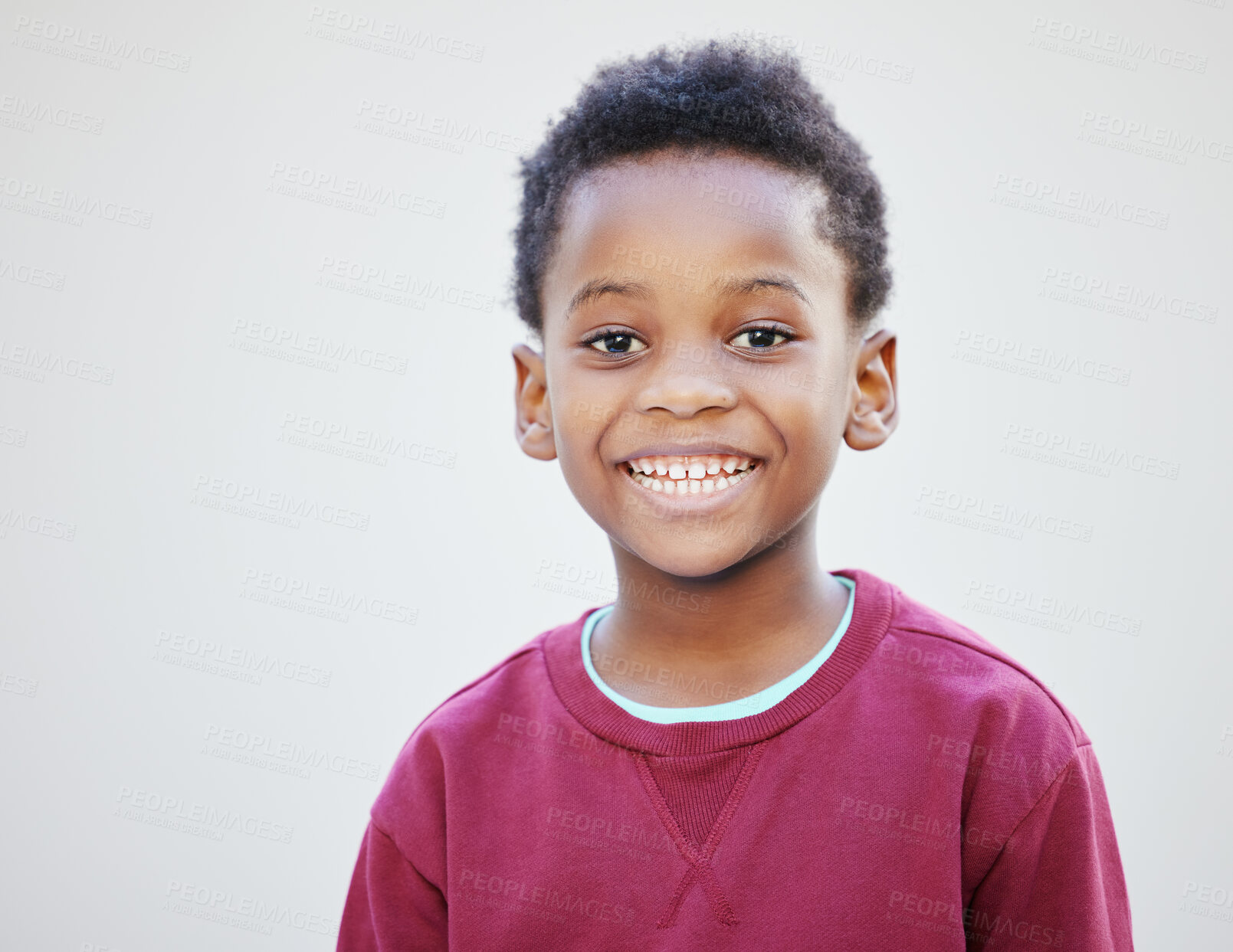 Buy stock photo Black boy, child or portrait with happiness in studio for wellness, cheerful for clothes in New York. Kid, smile or confidence on white background for positive attitude or fashion, joy or space