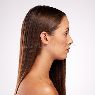 Buy stock photo Woman, hair care and beauty for health in studio with keratin treatment, growth and Brazilian for natural shine. Profile, female person and salon for healthy texture of cosmetics on white background