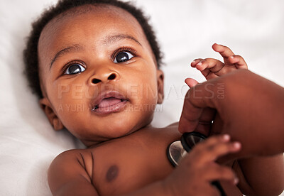 Buy stock photo Boy, black baby and stethoscopes for checkup in clinic for child development and growth. Infant, kid and doctor appointment for heart rate with support for healthcare, cardiology and wellness