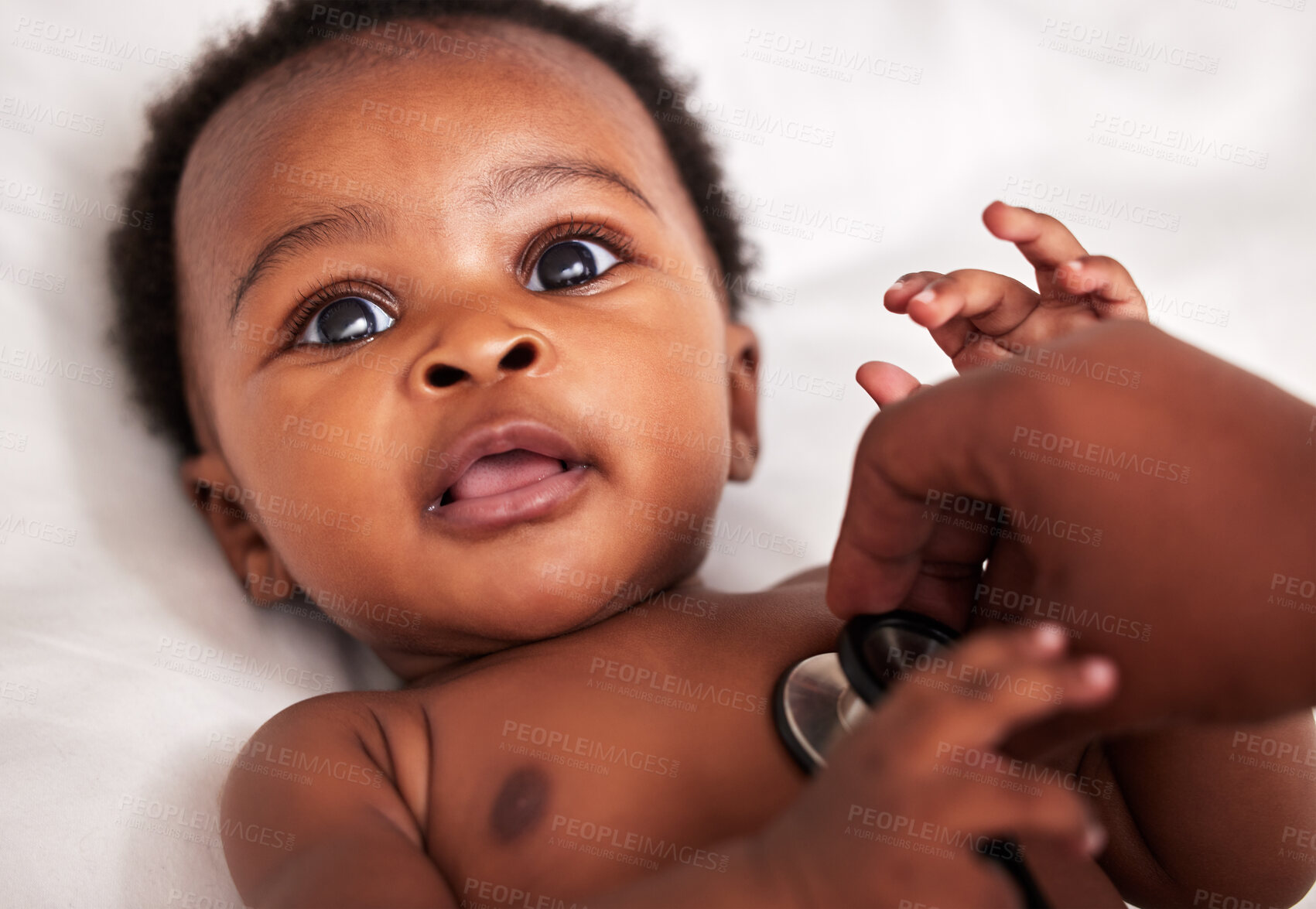 Buy stock photo Boy, black baby and stethoscopes for checkup in clinic for child development and growth. Infant, kid and doctor appointment for heart rate with support for healthcare, cardiology and wellness