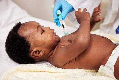 Buy stock photo Boy, black baby and thermometer for flu or fever in clinic for child development, growth and checkup. Infant, toddler and doctor appointment for illness with support for healthcare and wellness