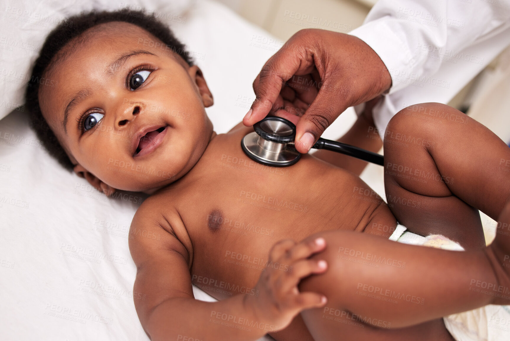 Buy stock photo African, little baby and stethoscope in bed for health checkup or pediatrician with infant or healthcare clinic and medical wellness. Child patient, cardiology and expert with toddler in hospital