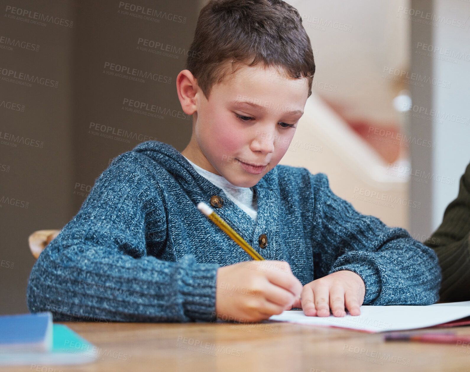 Buy stock photo Boy, kid and homework with paper on table for knowledge, learning and responsibility in education. Thinking, child and pencil with notes in house for development, homeschool or studying on weekend