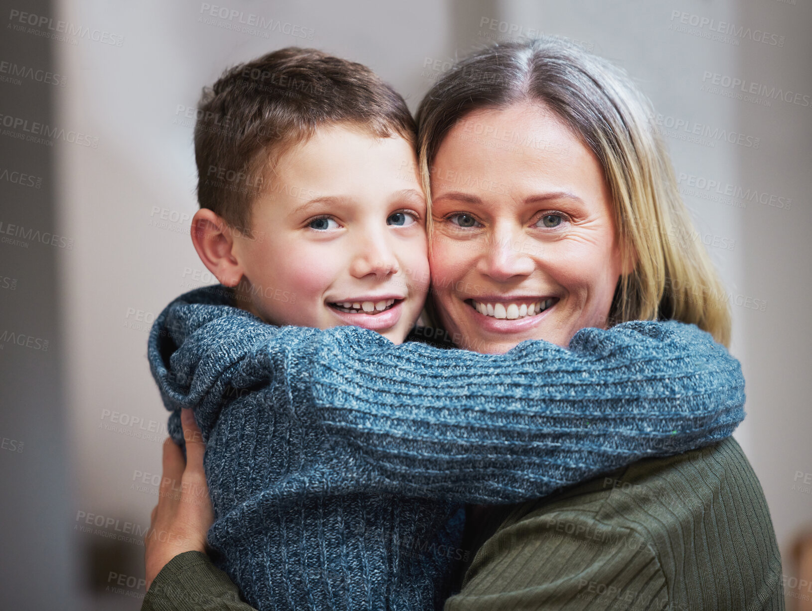 Buy stock photo Smile, hug and portrait of mom with child in home together for support, growth and development. Love, embrace and happy face of proud mother with son for care, trust and family bonding in apartment.