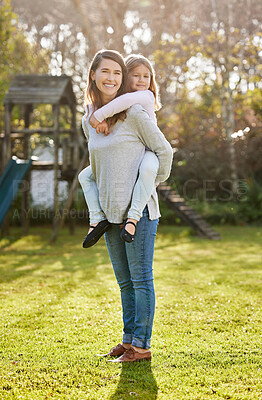 Buy stock photo Portrait, mom and girl with piggyback in outdoor park for game, fun and bonding together. Nature, relax and happy woman with daughter on back for support, vacation or weekend trip to Montana