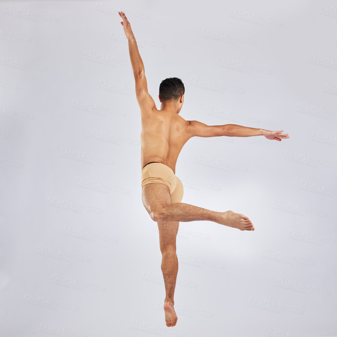 Buy stock photo Back, man and  ballet dancer in studio for practice on white background with training for competition. Male person, passion and talent on rehearsal with confidence for performance with exercise