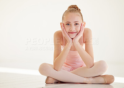 Buy stock photo Shot of young ballerina sitting in a dance studio