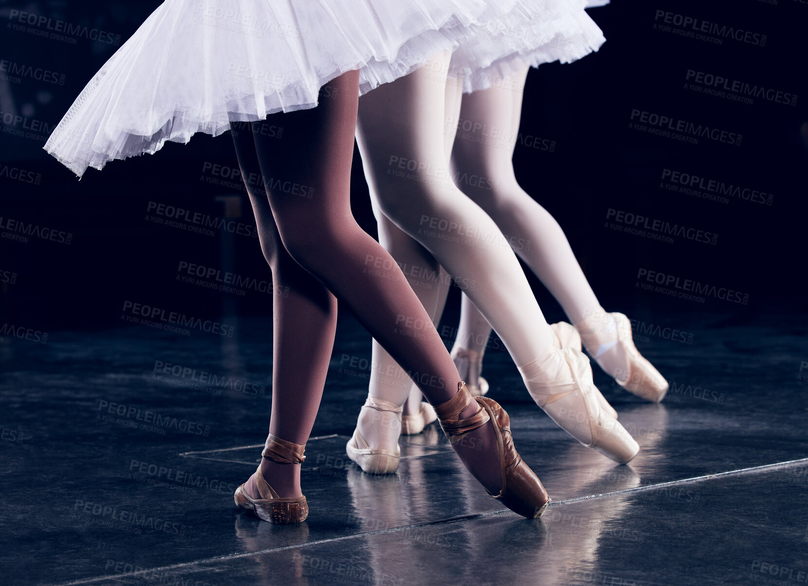 Buy stock photo Ballet, shoes and women with dance on theatre stage for performance art, talent or practice of routine. Ballerina, creative exercise and people with training for balance, flexibility and elegance