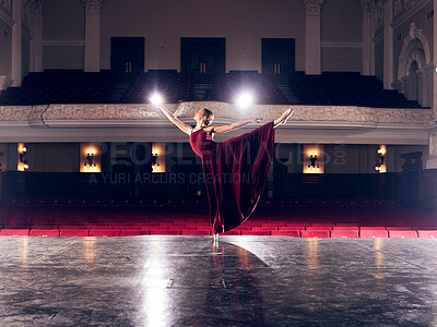 Buy stock photo Dancer, light and girl on stage, training and artistic with dress performance, theatre and talent. Ballerina, dancing and woman with workout, culture and practice for art routine, passion and balance