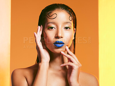 Buy stock photo Makeup art, beauty and portrait of woman in studio for cosmetics, eye shadow and hairstyle. Creative design, cosmetology and face of female person with blue lipstick for glamour, fashion and style