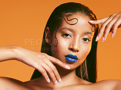 Buy stock photo Neon cosmetics, makeup and portrait of woman in studio for hairstyle, eye shadow and beauty salon. Aesthetic, cosmetology and female person with blue lipstick for glamour, luxury style and face glow