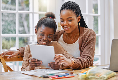 Buy stock photo Home, black mother and girl with a tablet, learning or typing with website information, connection or education. Parent, female kid or mama with daughter, child development or remote school with tech