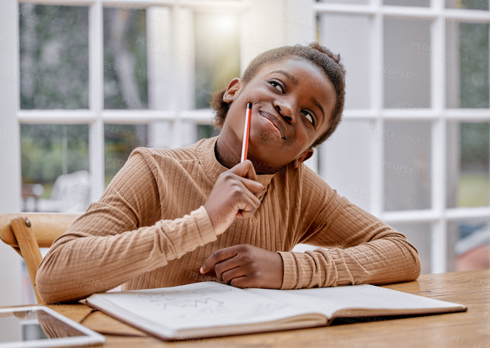 Buy stock photo Black girl, student and thinking on education in home, book and brainstorming for solution. Female person, idea and studying for knowledge or ponder information, assignment and kid for school project