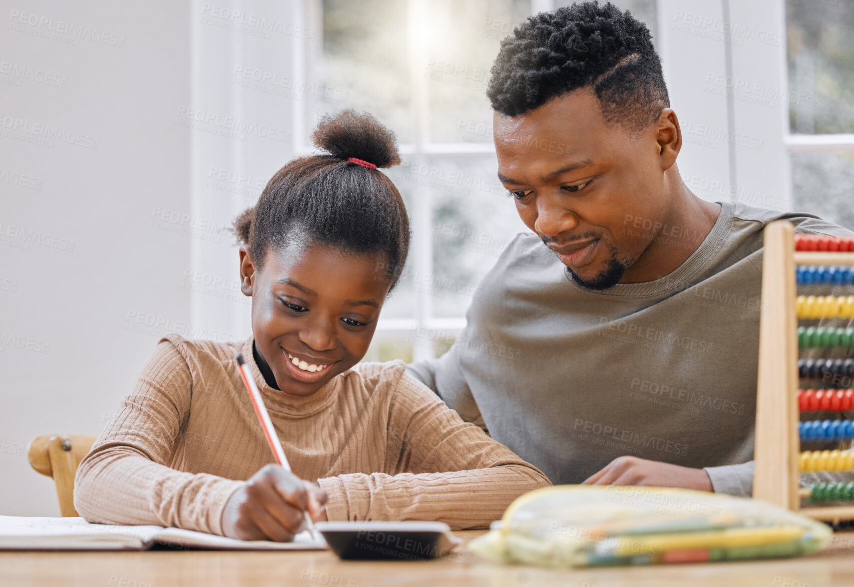Buy stock photo Black family, girl and father for homework or teaching, helping and writing notes on lesson. Daddy, child and support for learning at table or daughter for education and study, assignment and project
