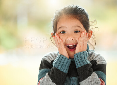 Buy stock photo Shock, surprise and portrait of child in home for happy, wow and comedy. Happiness, comic and emoji with shocked face of young asian girl and mockup space for funny, humor and cute emotions