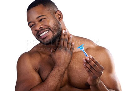 Buy stock photo Studio shot of a handsome young man wincing in pain after cutting himself while shaving against a white background