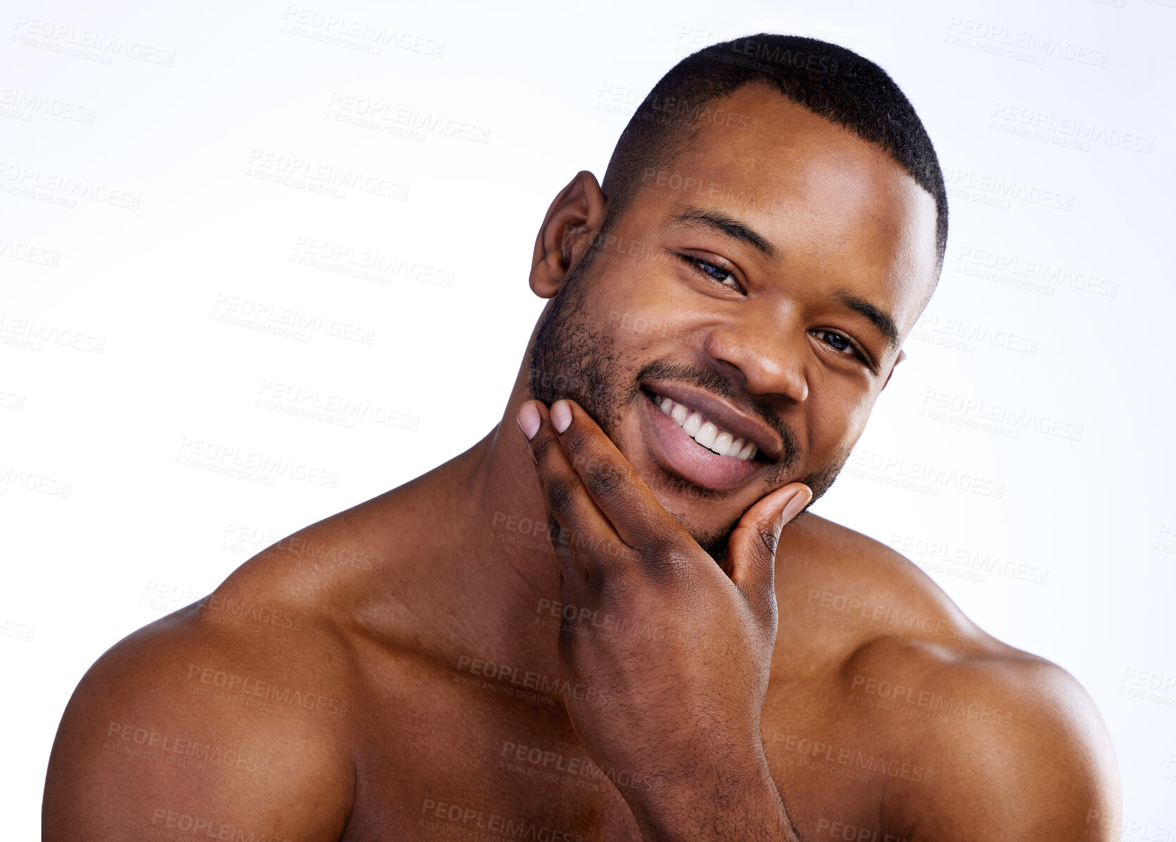 Buy stock photo Black man, smooth skincare portrait and studio for wellness, dermatology glow and white background. Male person, beauty aesthetic and cosmetics shine by facial treatment, feeling and clear skin