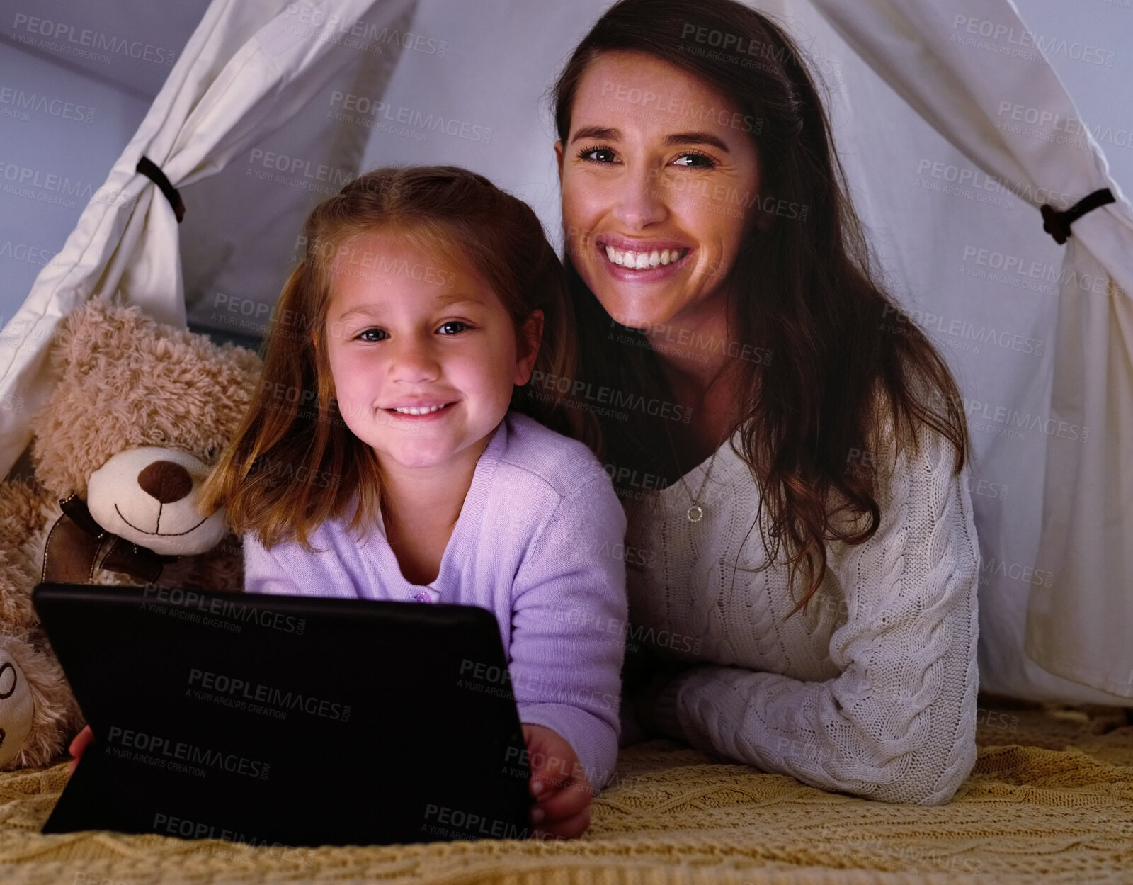 Buy stock photo Tablet, tent and portrait of mother with child in home playing educational games or online activities for bonding. Relax, blanket fort and mom with girl kid watch movie on app with digital technology