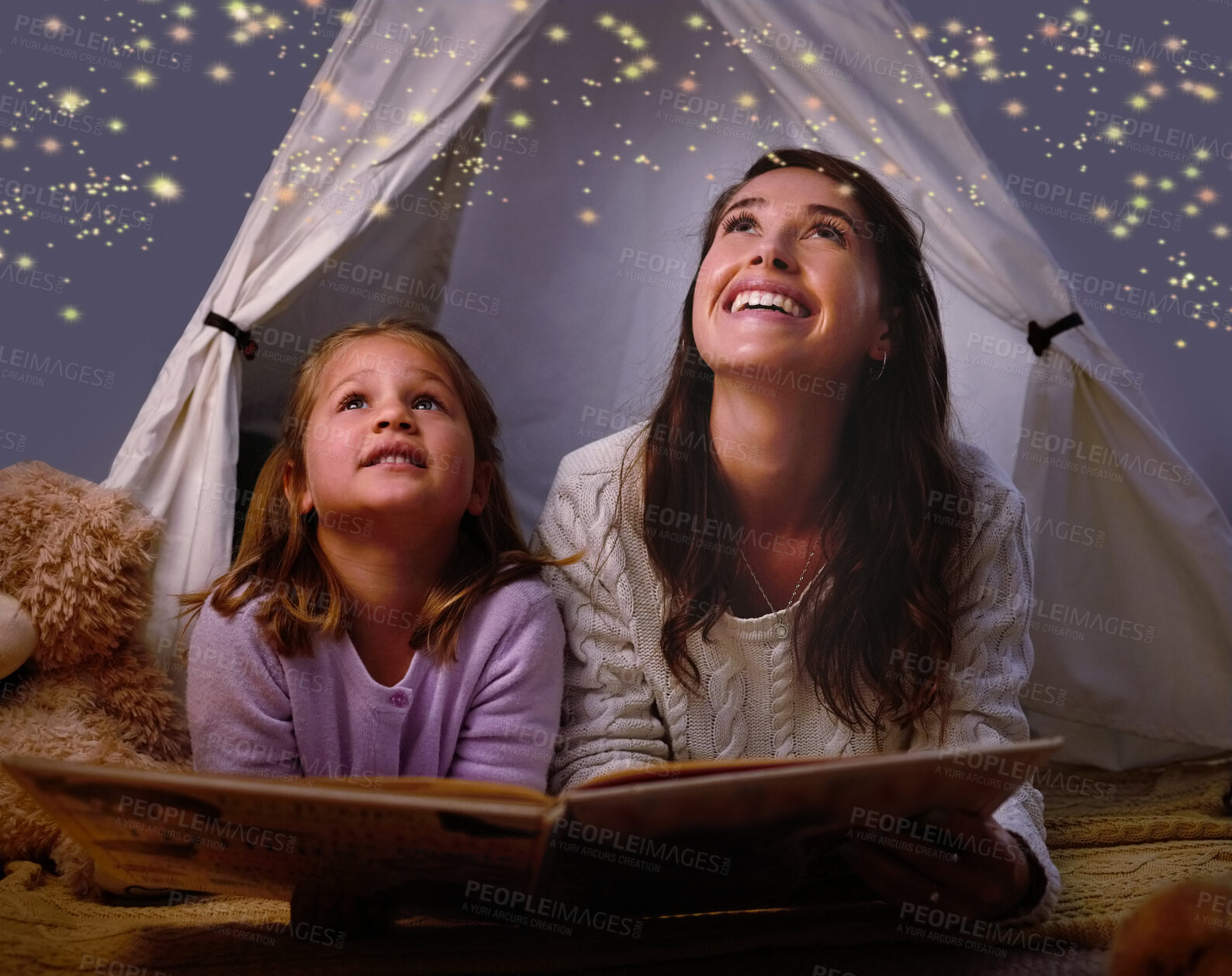 Buy stock photo Shot of a little girl and her mother enjoying story time before bed