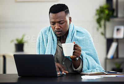 Buy stock photo Shot of a young businessman suffering from a cold while working from home