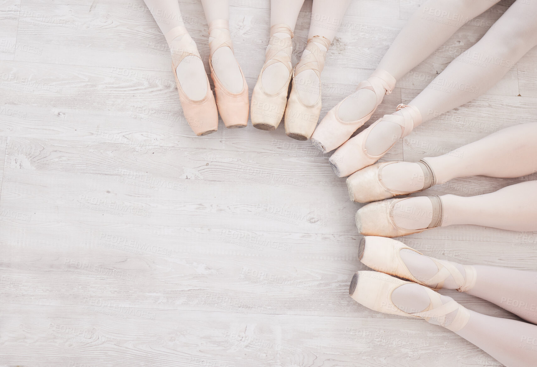 Buy stock photo People, feet and shoes with top view for ballet performance, practice and creative arts for professional dancing. Women, closeup and mockup space on floor for elegance, collaboration and together