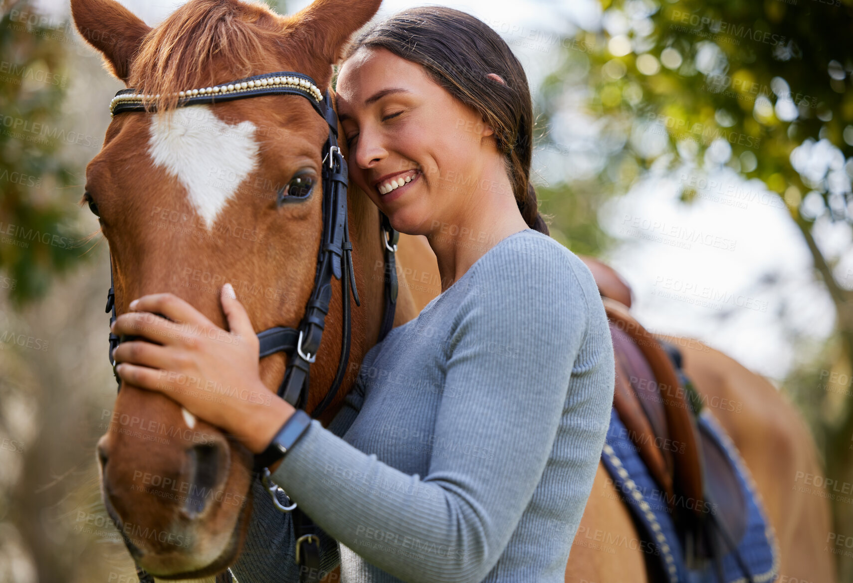 Buy stock photo Rider, woman and bonding with horse in nature for companion, training and relax from practice outdoor. Equestrian, person and stallion in countryside with embrace, pet care and agriculture in forest