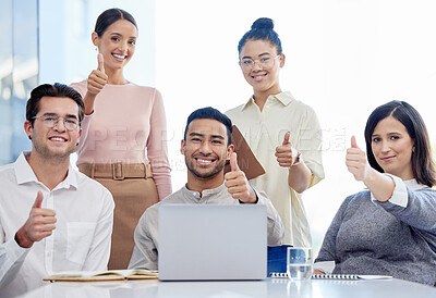 Buy stock photo Thumbs up, success and business people in portrait for news on laptop, thank you and teamwork or like, yes and okay hands. Happy staff, women or men in support, winning or subscribe emoji on computer