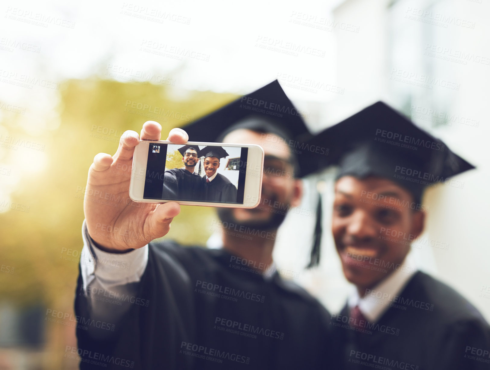 Buy stock photo Happy men, phone or selfie with screen for graduation memory, photography or celebration at university. Young, students or friends with smile or smartphone display for picture or academic achievement