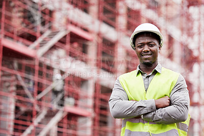 Buy stock photo Portrait of proud black man engineer, construction site and mockup with scaffolding in city, planning and safety. Smile, architect or project manager at building, urban engineering and arms crossed.