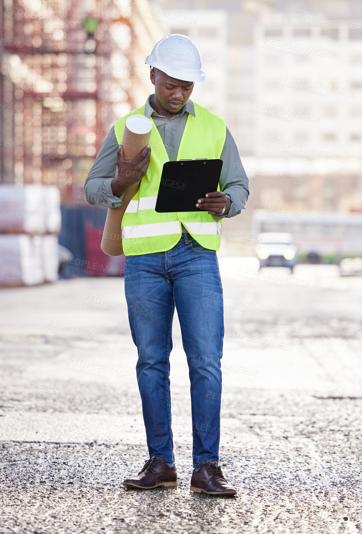 Buy stock photo Construction site, blueprint and clipboard by black man for design, checklist or architecture compliance. Building, engineering or African architect with property floor plan for industrial strategy