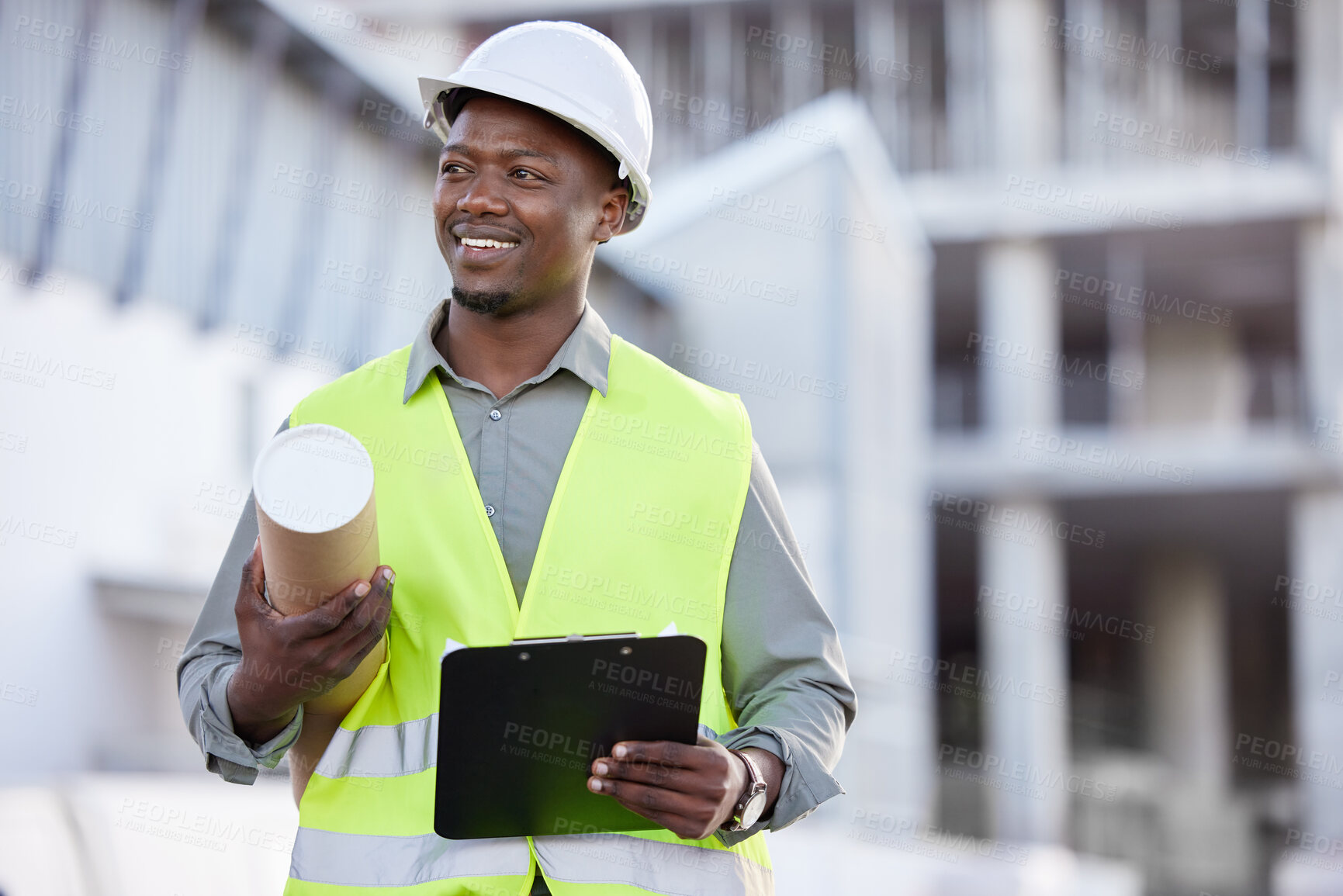 Buy stock photo Black man engineer, clipboard and inspection at construction site with mockup in city for planning and safety. Smile, architect or project manager with helmet at building, engineering and blueprint.