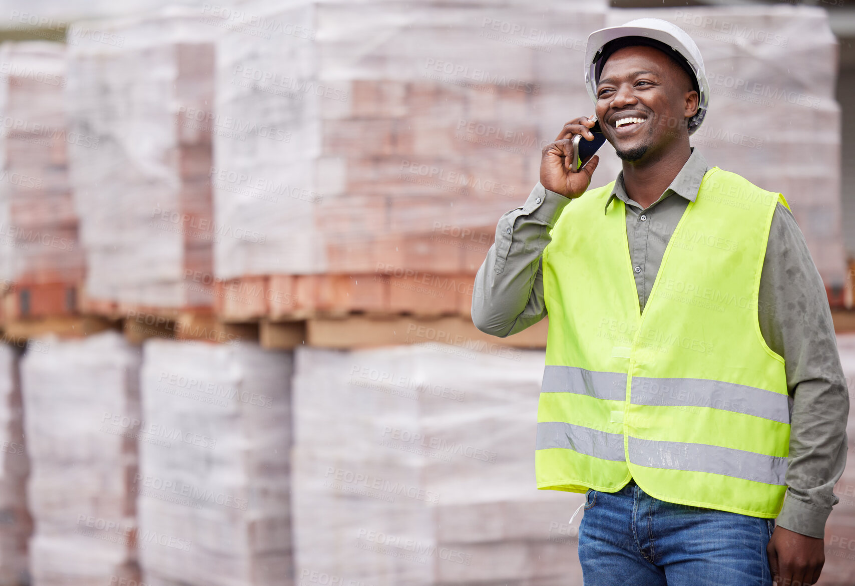 Buy stock photo African man, construction worker and phone call with smile, helmet or contact for material in supply chain. Person, architect and contractor with smartphone for networking, communication and building