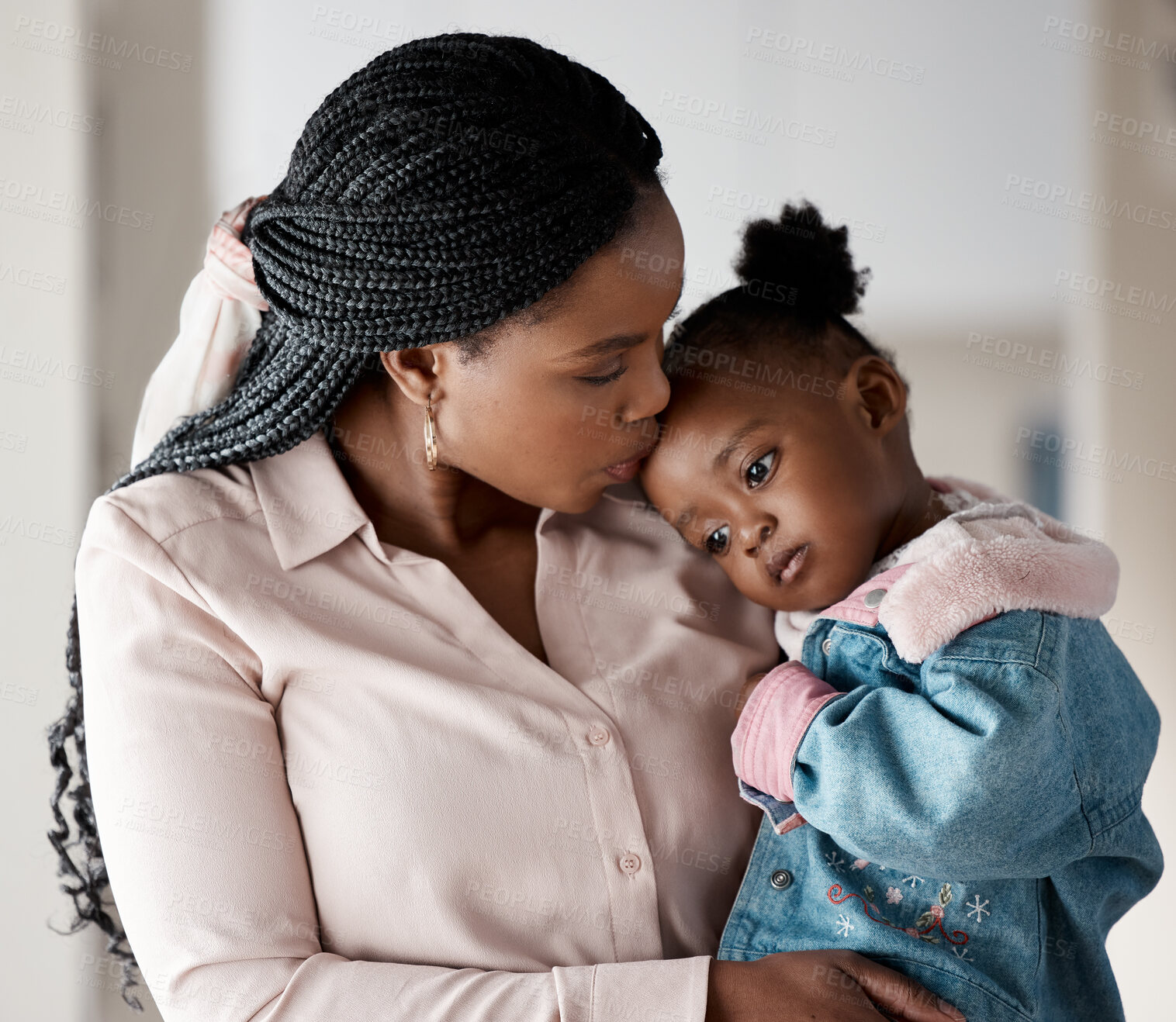 Buy stock photo Mom, kid and home with forehead kiss for bonding to support, care and trust as parent for child development. Black people, woman and girl with hug as family for love, kindness and baby growth