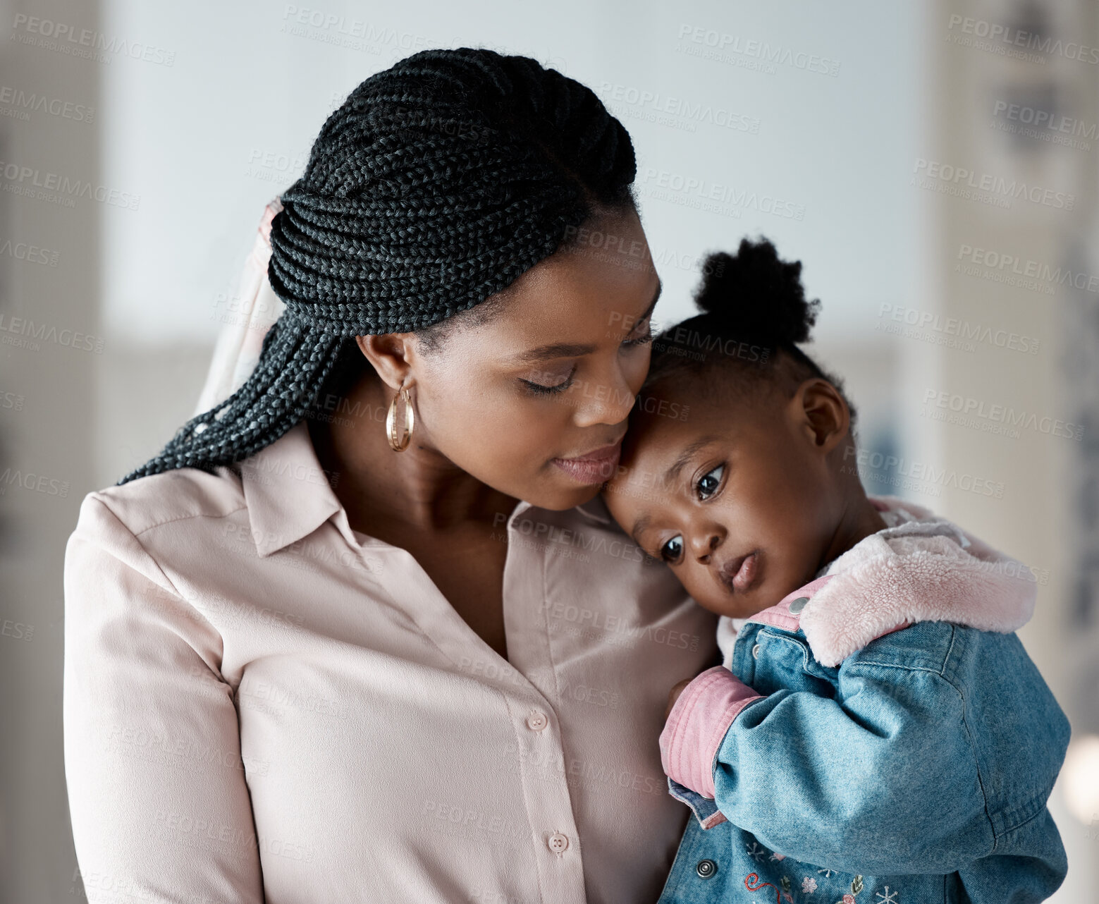 Buy stock photo Love, comfort or mother and daughter hug in house with security, protection and assurance in bonding with trust. Black family, support and mom embrace girl at home with safety or motherhood gratitude