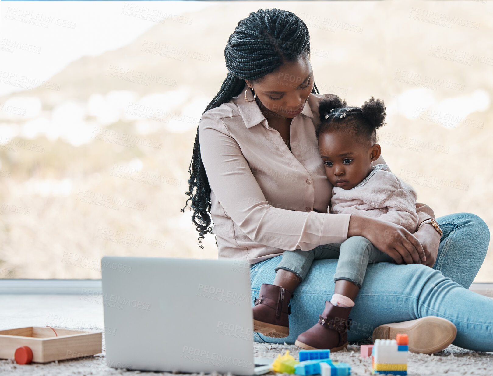 Buy stock photo Black mother, child and laptop together in home for e learning, entertainment or video streaming in living room. Family, mom and girl on technology for kids website, online school and development