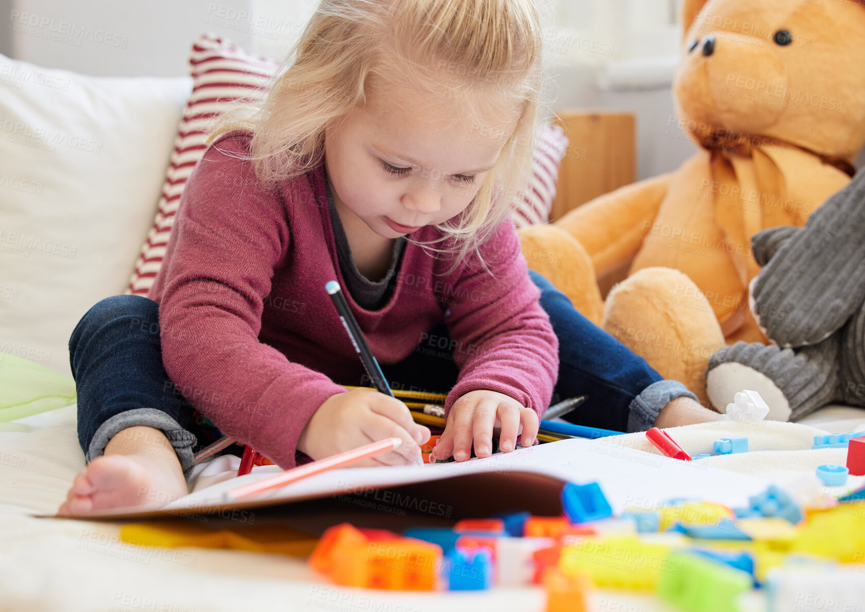 Buy stock photo Little girl, writing and toddler with book on bed for drawing or childhood development at home. Young child or blonde female person of adorable, innocent or cute kid sketching in notebook at house