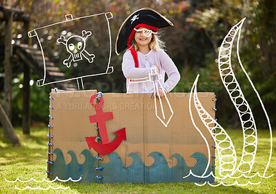 Buy stock photo Shot of a little girl dressed up like a pirate outside in the yard