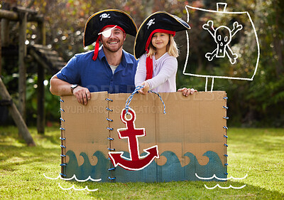 Buy stock photo Shot of a father and daughter dressed up like pirates outside in the yard