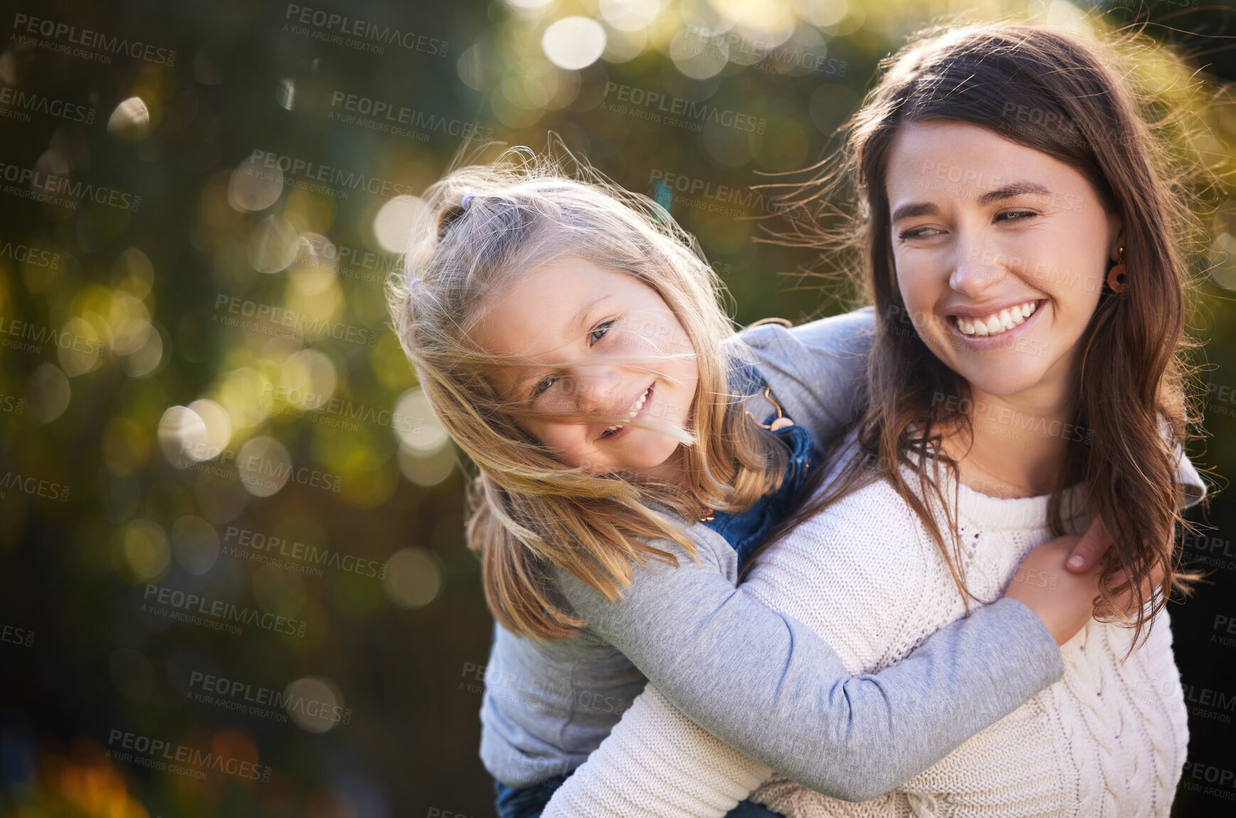 Buy stock photo Piggyback, mom or child playing in park for portrait, love or bonding together for single parent or care. Growth, relax or happy mother in nature for support, security or safety with smile or fun kid