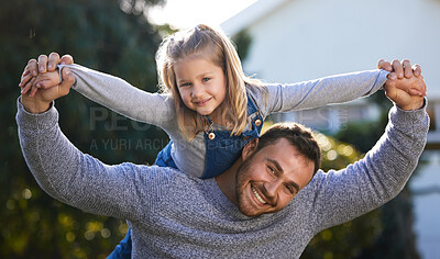 Buy stock photo Portrait of a little girl having fun with her father outdoors
