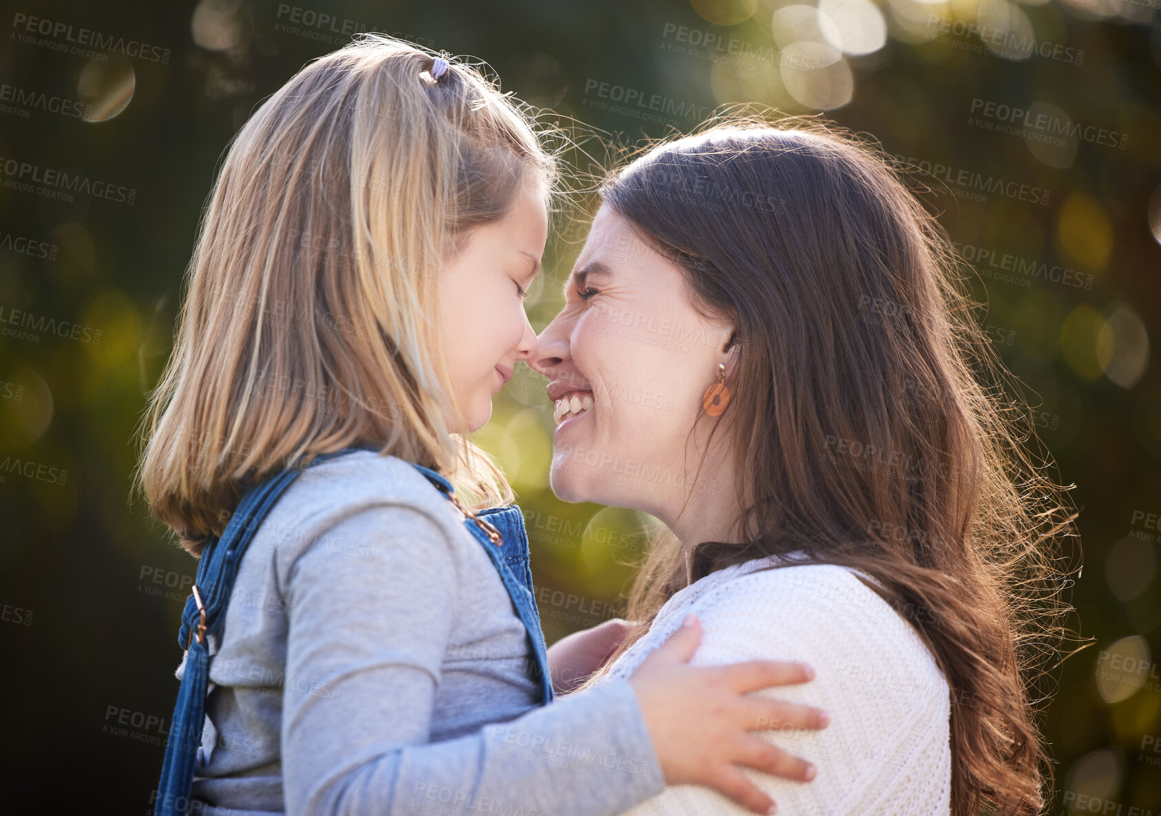 Buy stock photo Hug, mom and happy child in park for playing, love or bonding together for single parent or care. Garden, relax or mother in outdoor nature for support, security or safety with smile, growth or kid