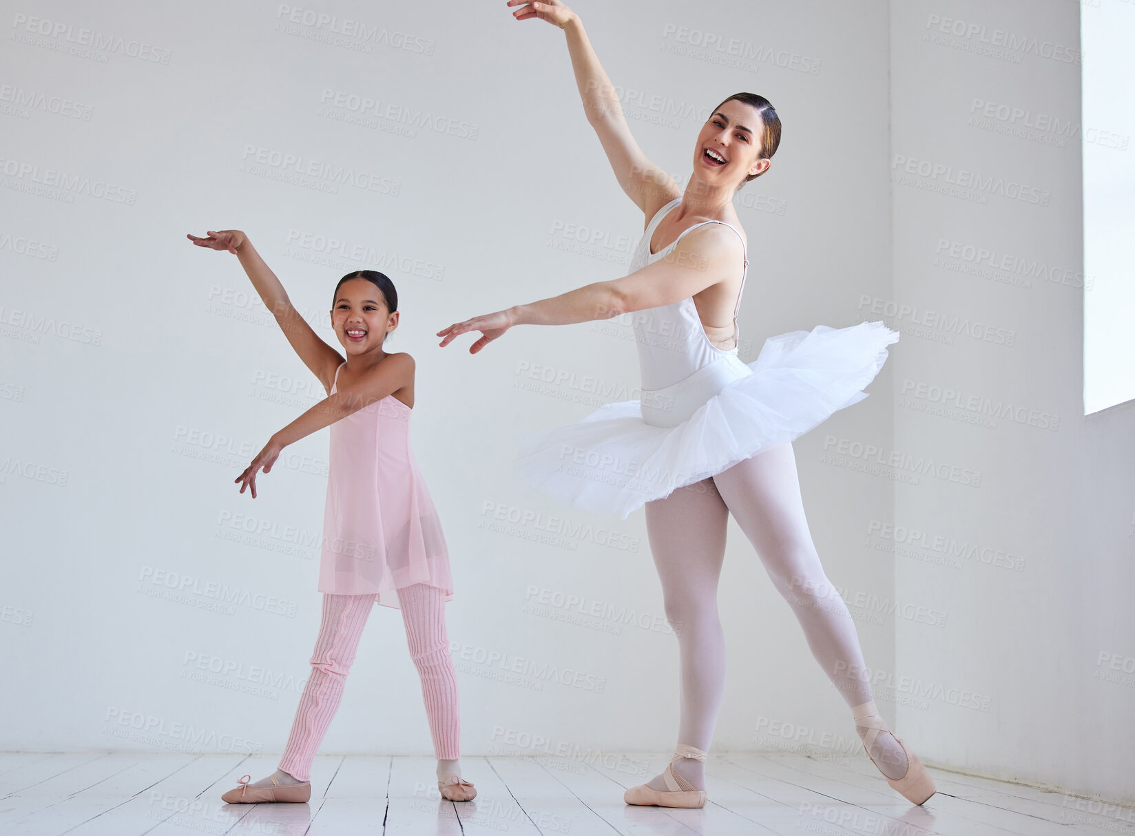 Buy stock photo Ballet, woman and child or happy in class for performance, dancer and creativity for sport. Dancing, talent or movement with kid or girl and support in workshop or academy for student and education